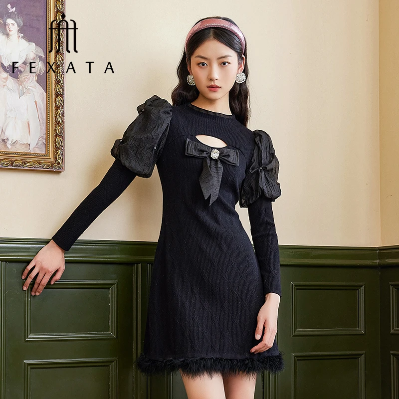 【老板娘夏天】FEXATA斐格思连衣裙冬季新品法式蝴蝶结针织裙