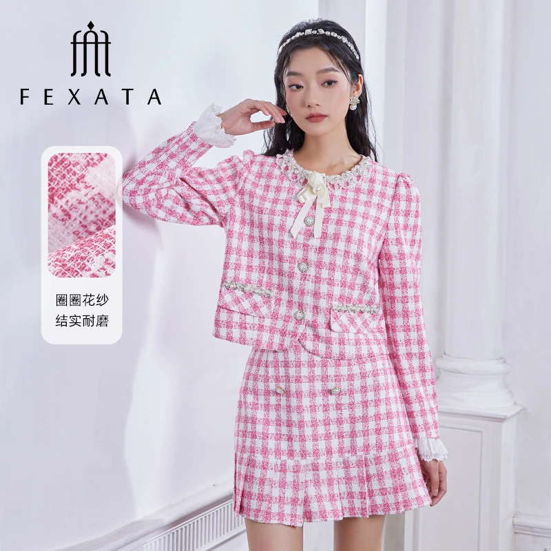 【高高来了】FEXATA斐格思千金感粉格外套半身裙两件套装女