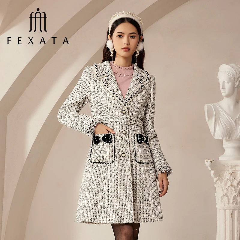 【黄蓉推荐】FEXATA斐格思外套女冬新品摩登都市细格毛呢大衣