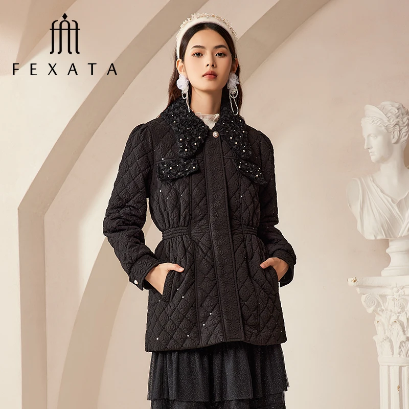 【老板娘夏天】FEXATA斐格思复古提花绗缝保暖黑色羽绒外套