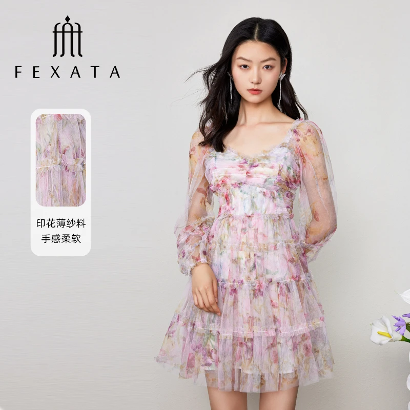 【小北专属】FEXATA斐格思连衣裙浪漫少女感蛋糕裙印花网纱裙
