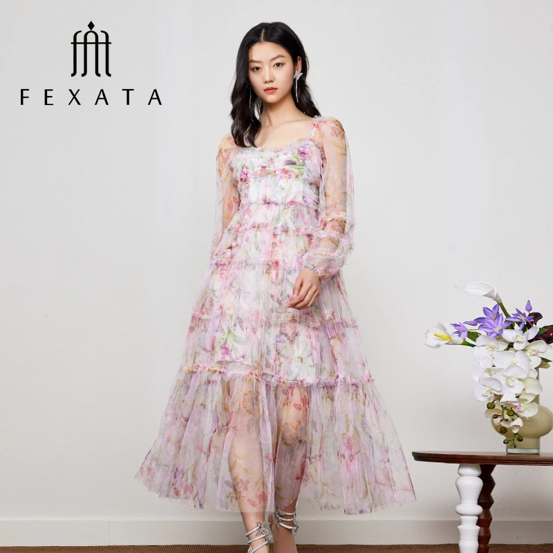 【白姐专属】FEXATA斐格思灯笼袖仙气印花网纱连衣裙F33T0518