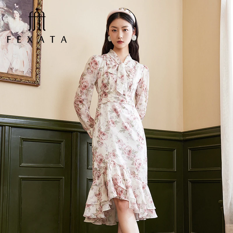 【高高甄选】FEXATA斐格思连衣裙复古印花鱼尾裙F33T0612