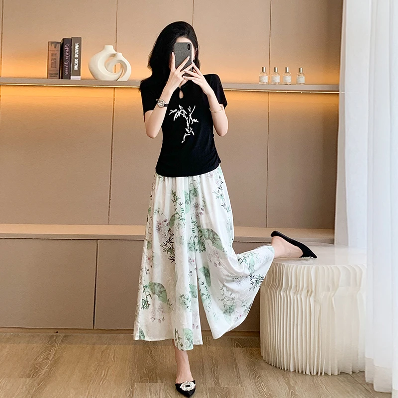 夏季薄款国风新中式穿搭一整套盘扣短袖高腰休闲印花裙裤两件套女