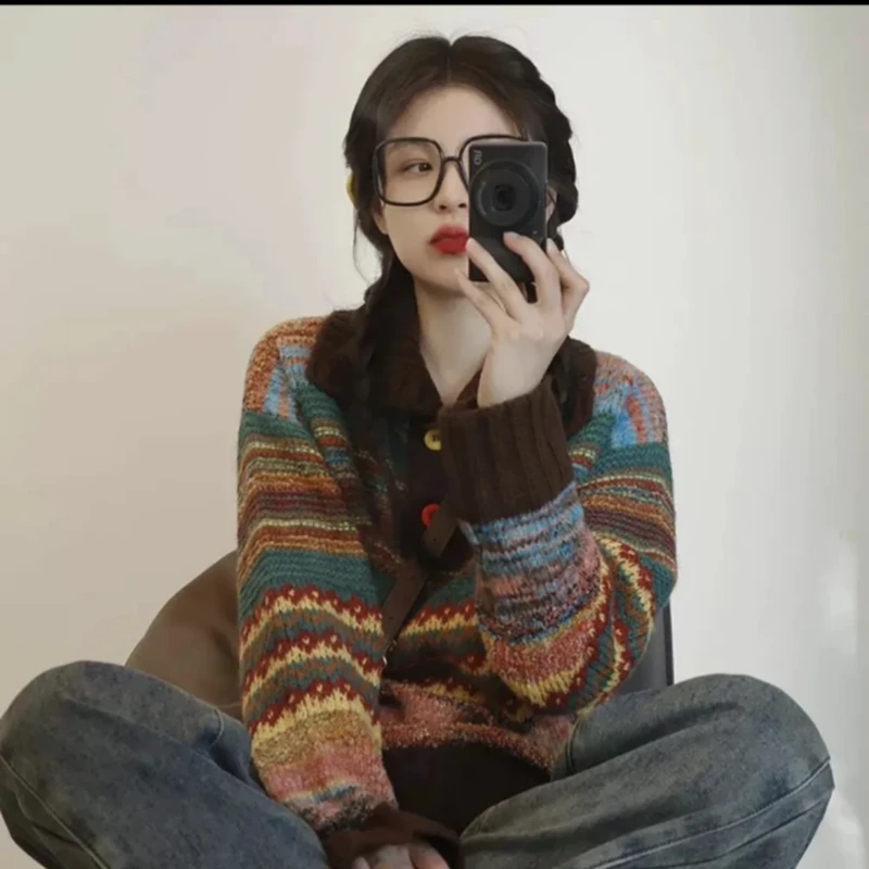 韩版费尔岛慵懒高级彩色条纹美拉德复古针织上衣1199