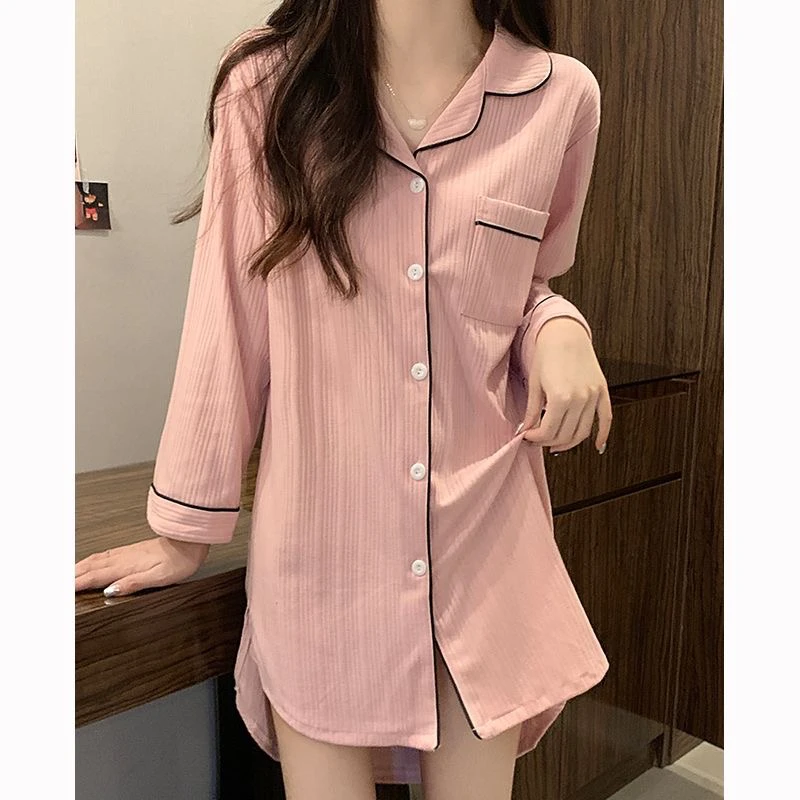 睡裙长袖睡衣裙女春秋网红韩版薄款开衫夏天休闲家居服裙子高级感