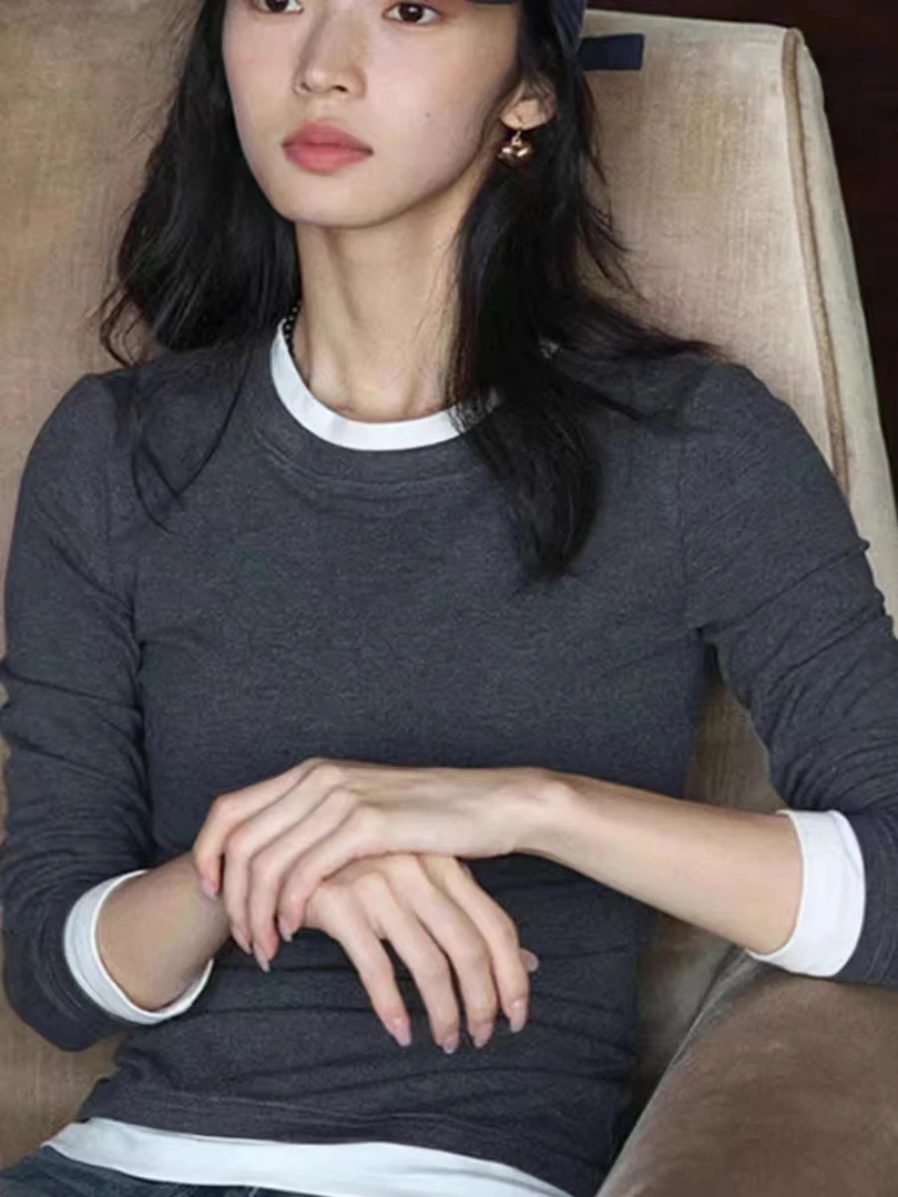 法式高级感假两件长袖T恤女修身百搭打底衫上衣羊绒自发热打底衫