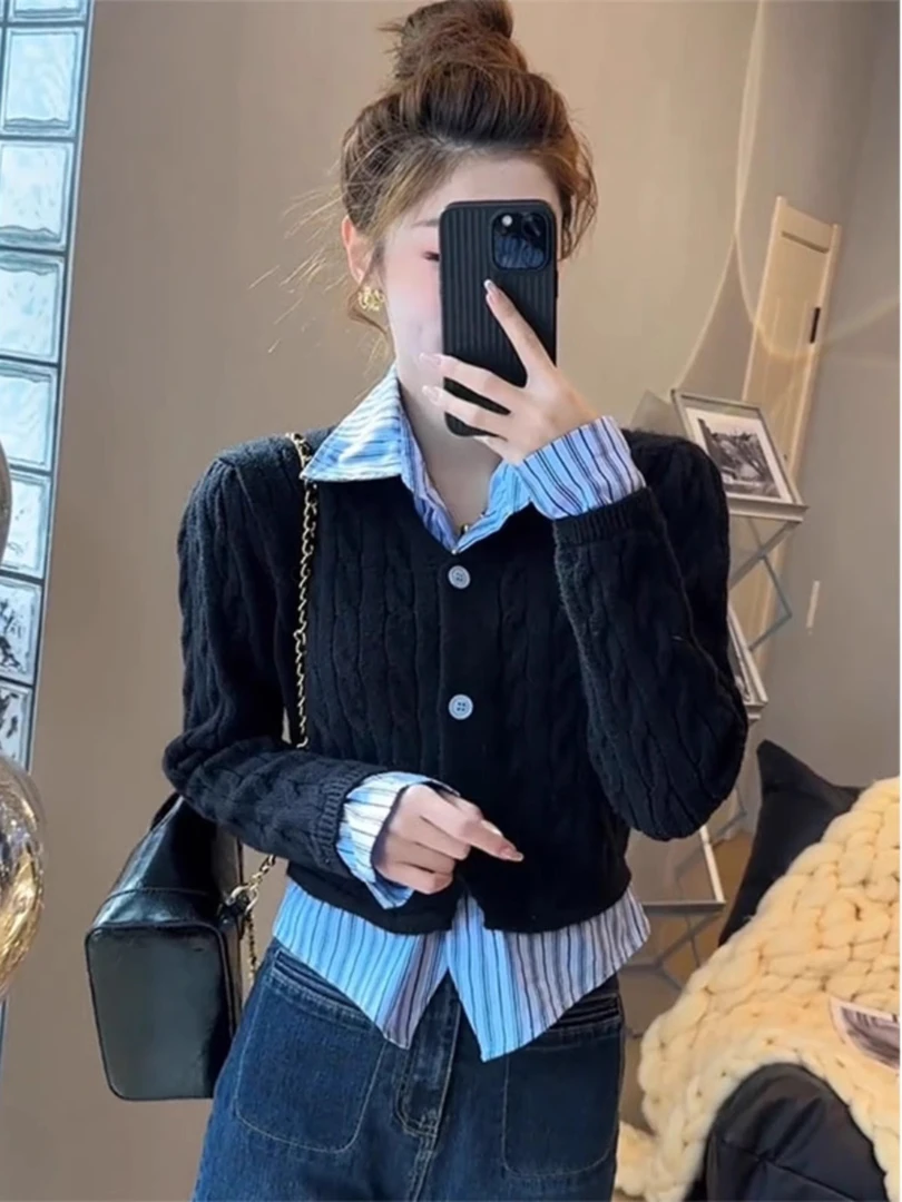 设计感小众洋气减龄假两件针织衫上衣女秋冬轻熟法式打底毛衣外套