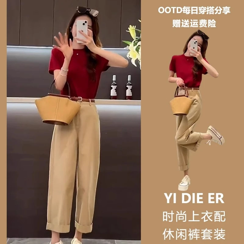 洋气减龄漂亮时尚炸街小个子搭配一整套红色短袖t恤上衣套装裤夏