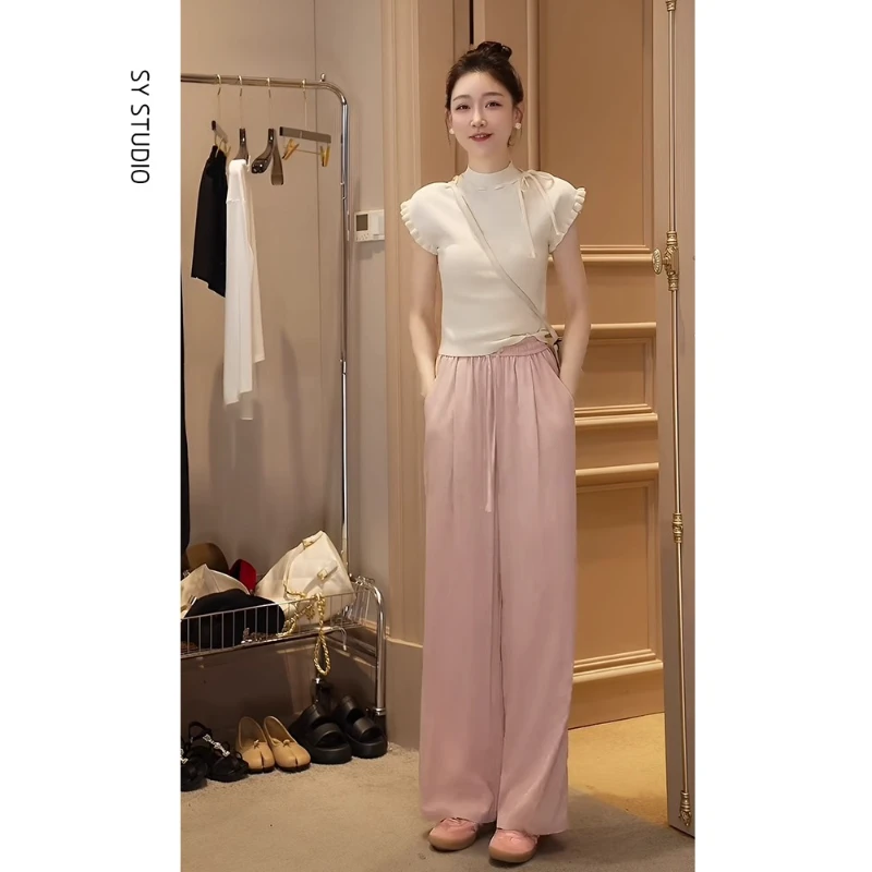 套装2024新款女装夏季独特设计感绝美短袖上衣直筒休闲长裤两件套