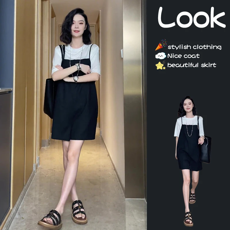 小个子减龄洋气休闲背带裤时尚套装2024夏季新款黑色上衣短裤女装