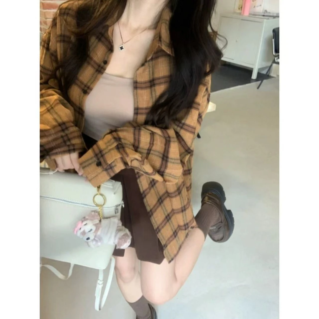 【工厂现货】美式姜黄色格子衬衫女外套薄秋季磨毛上衣格纹休闲衬衣