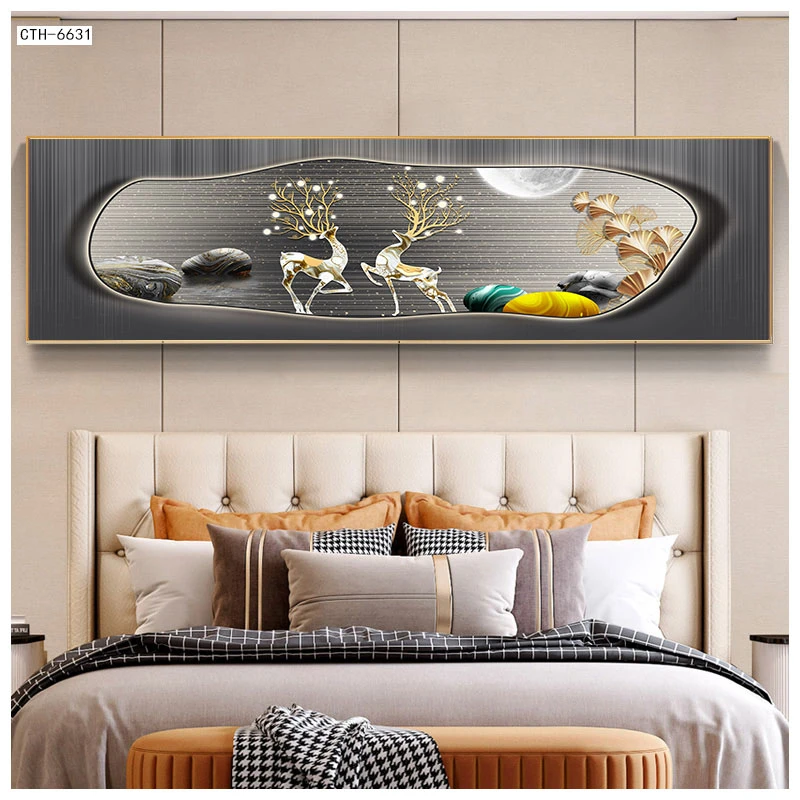 福鹿相伴-卧室床头装饰画-高端水晶装饰挂画铝合金边框免打孔安装