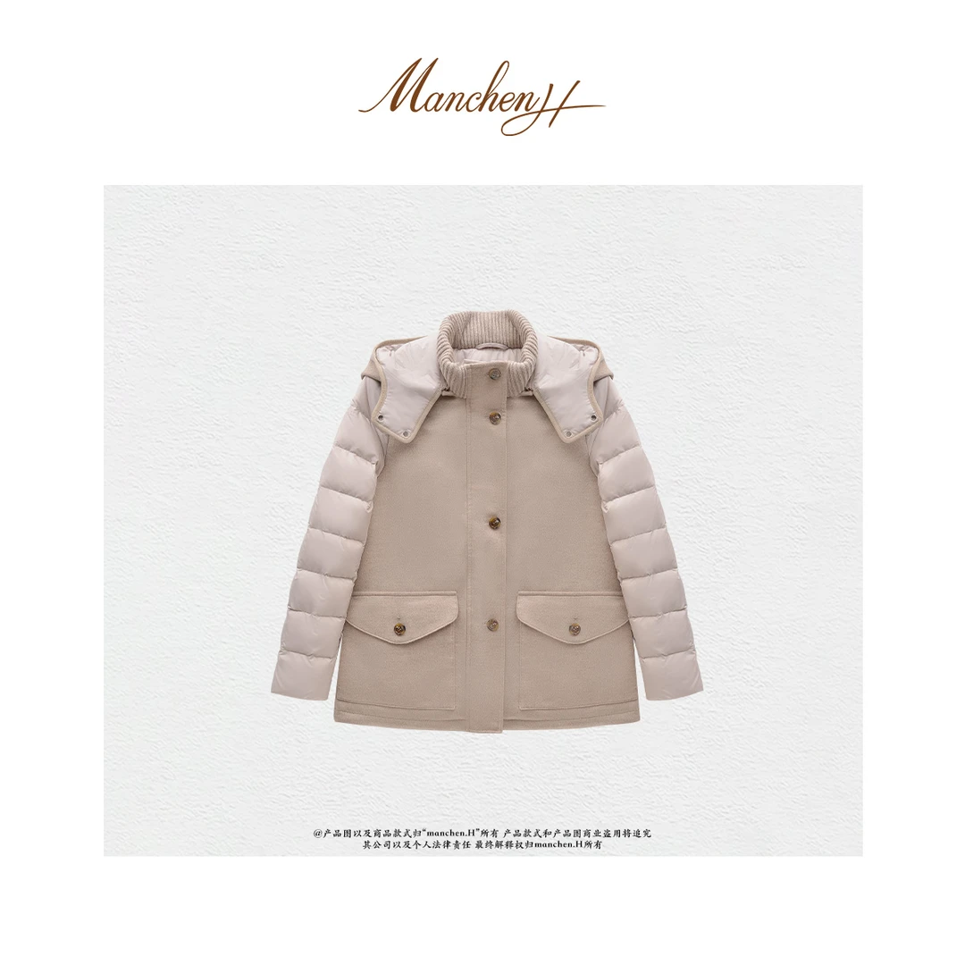 曼辰manchenh“LP冬日艺术”意大利进口面料毛呢拼接连高端帽鹅绒服