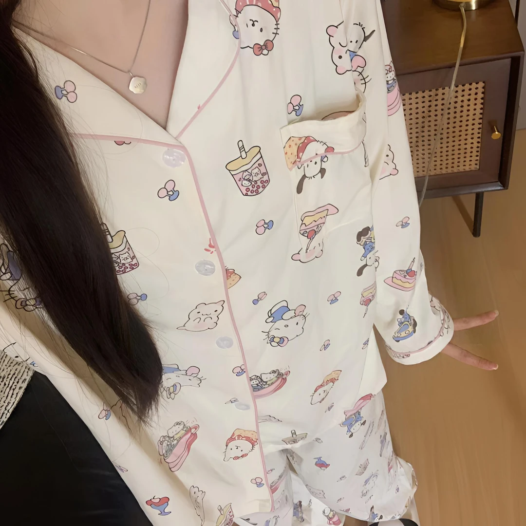 日系卡通印花甜美少女春秋睡衣女套装亲肤舒适薄款长袖长裤家居服