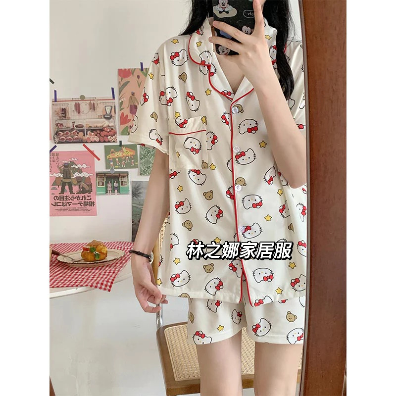 小香风睡衣女套装卡通KT猫夏季可爱薄款短袖短裤少女可外穿家居服