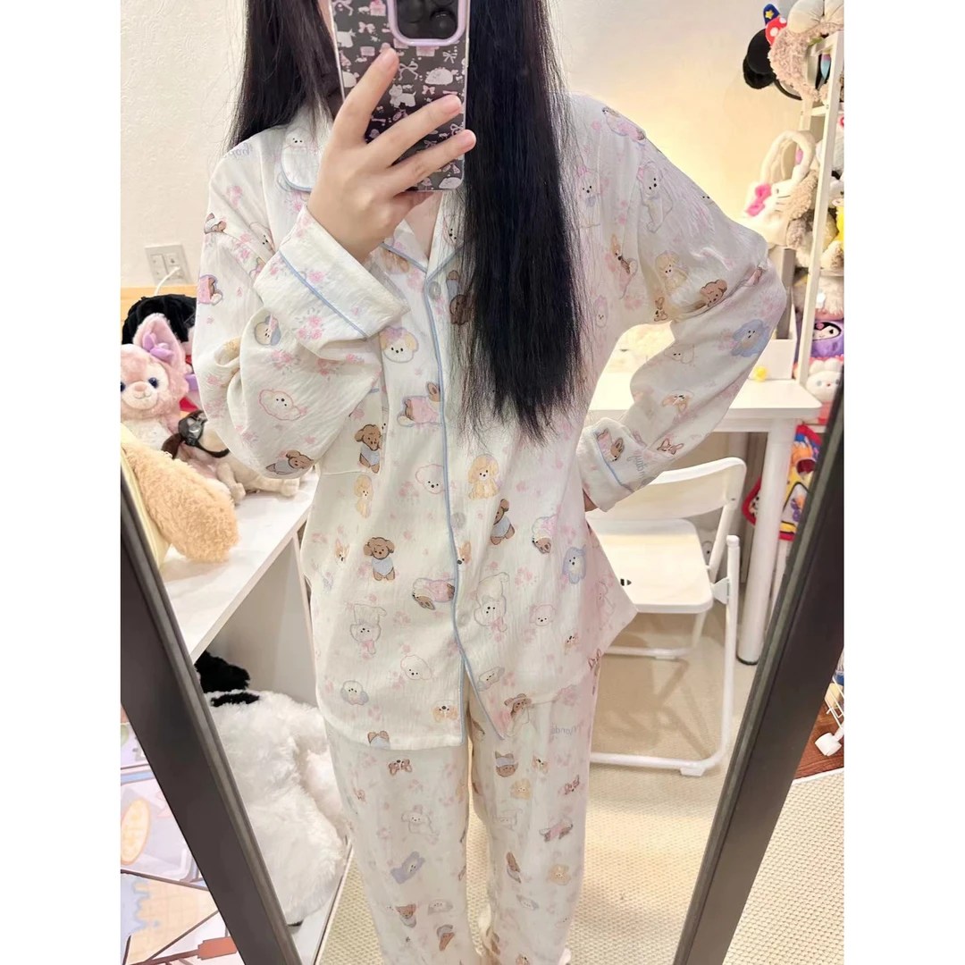 韩版ins风卡通可爱呆萌小狗睡衣女套装春秋新款开衫家居服可外穿