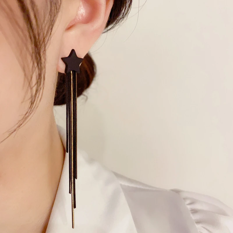 铜合金耳饰 韩版显脸瘦五角星复古流苏耳环长款超仙银针耳钉女ins