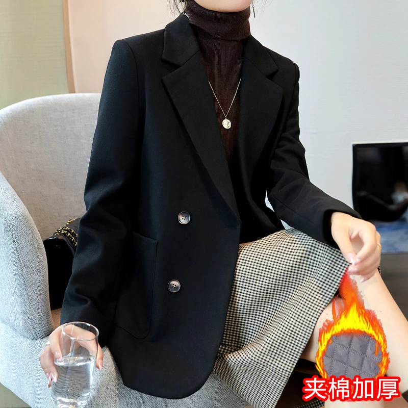 加棉西装外套女秋冬季显瘦高级感黑色毛呢高档夹棉加厚小个子西服