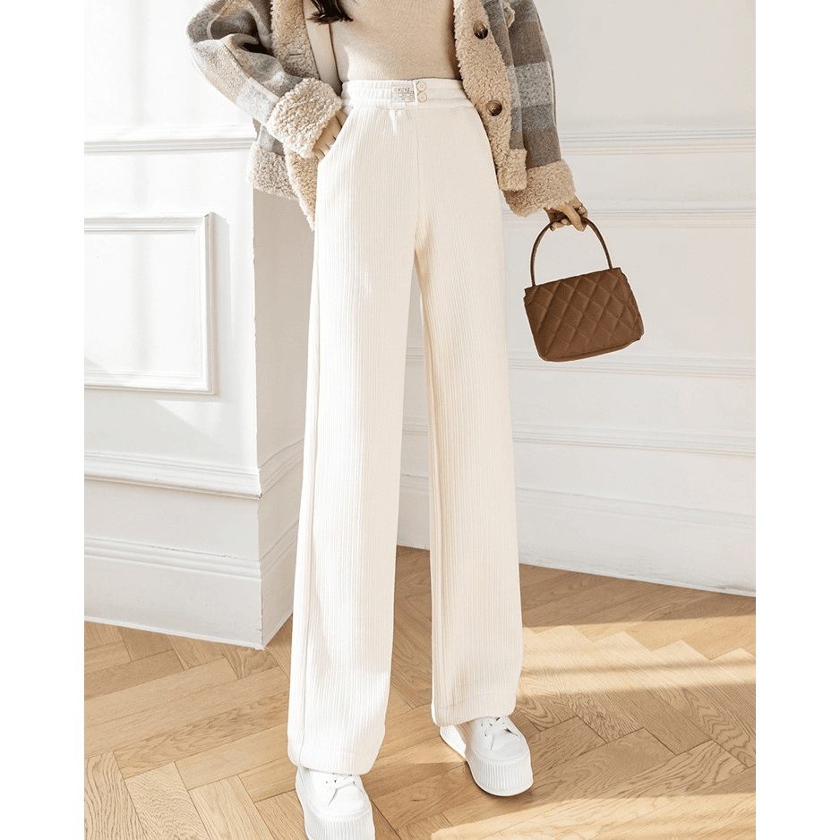 白色裤子微胖女生窄版高腰直筒裤秋冬季加厚雪尼尔阔腿裤女小个子