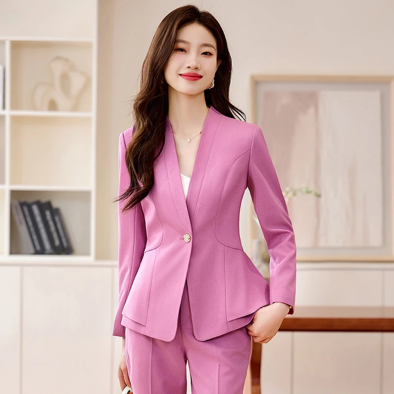 别致设计感V领西装外套女秋款修身显瘦通勤职业艺考播音西服套装