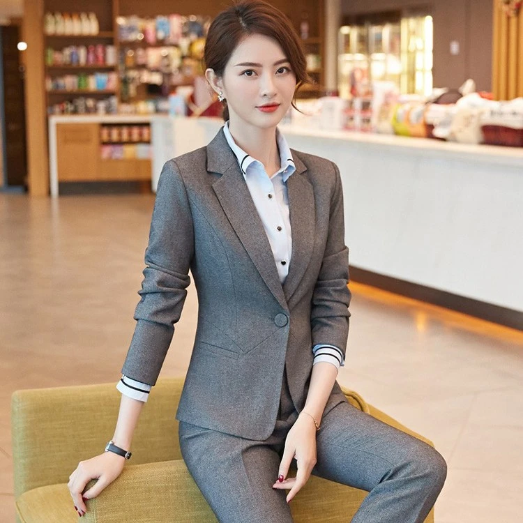 灰色西装套装女春秋职业装气质女神范正装西服酒店前台工装工作服