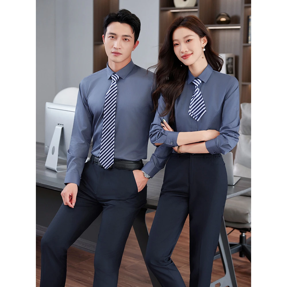 男女同款长袖衬衫房地产工作服免烫职业装正装衬衣银行刺绣logo