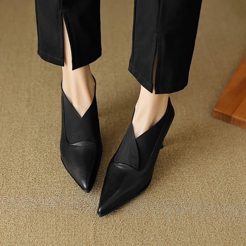 7.5CM羊皮/ 厚底舒适高跟鞋女春秋法式气质V口法式软底真皮高跟鞋