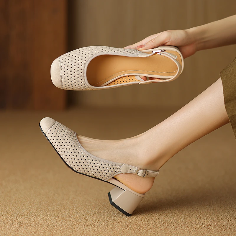 羊皮夏季法式洞洞鞋软底粗跟高跟鞋复古厚底夏季坡跟厚底罗马凉鞋