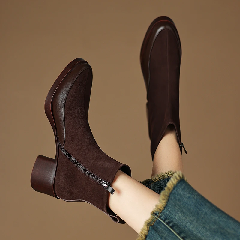 5CM，牛皮粗跟马丁靴英伦风厚底短靴时尚时装法式英伦风厚底马丁靴