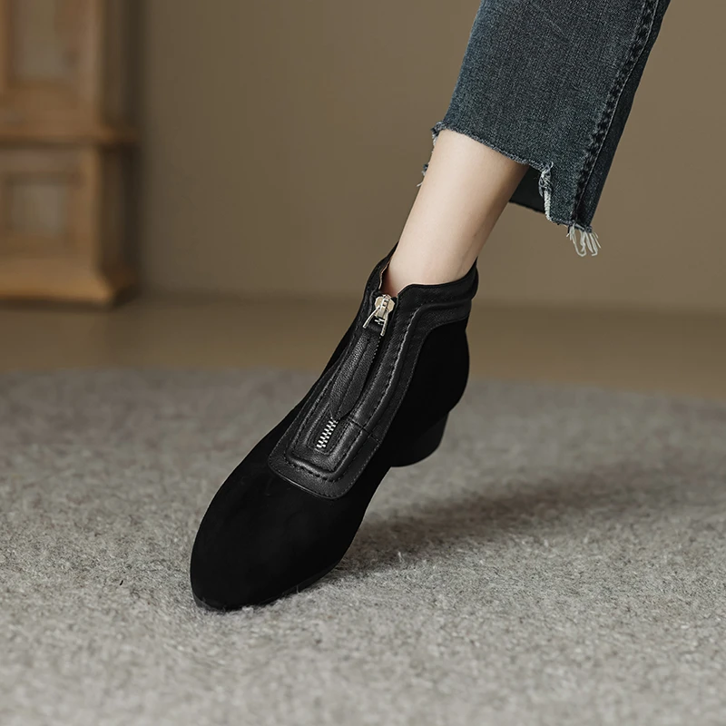 3CM手工女鞋~法式复古小短靴尖头磨砂及裸靴女秋法式复古尖头短靴