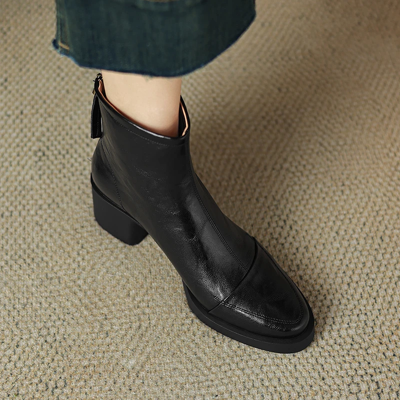 5CM，牛皮粗跟高跟靴复古百搭靴子英伦风秋秋冬复古女士粗跟马丁靴