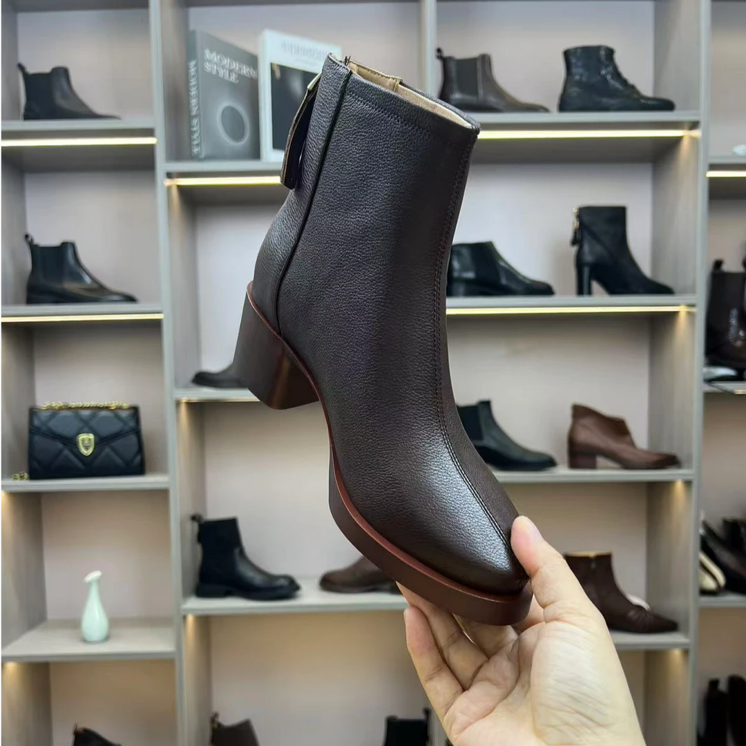 5CM，牛皮手工女靴黑色圆头粗跟短靴舒适高跟女士女美头层牛皮粗跟