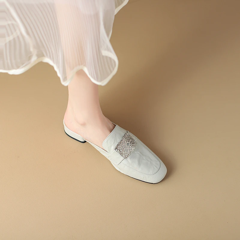 羊皮夏季外穿包头穆勒鞋方头懒人鞋时尚休闲鞋粗跟半拖鞋方头粗跟