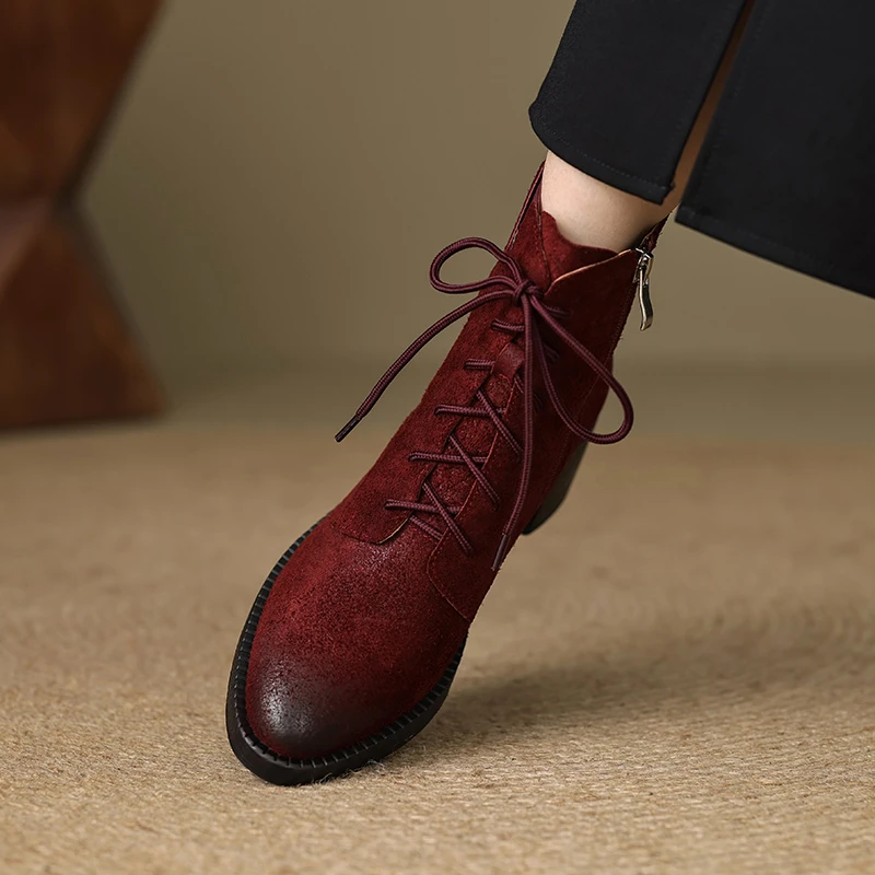 5.5CM品牌~安哥拉红头层磨毛牛皮系带粗女士牛皮西部牛仔方头粗跟