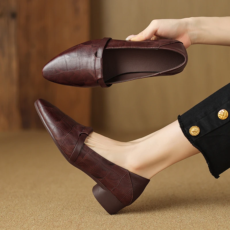 3CM，牛皮英伦风浅口通勤职业鞋复古粗跟高跟女士羊皮拼接浅口方头