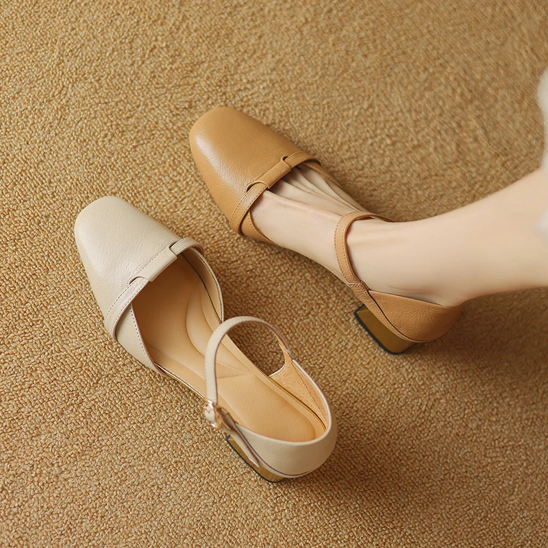 包头包跟气质女外穿全真皮女鞋高档2024夏季新款中跟粗跟中空单鞋