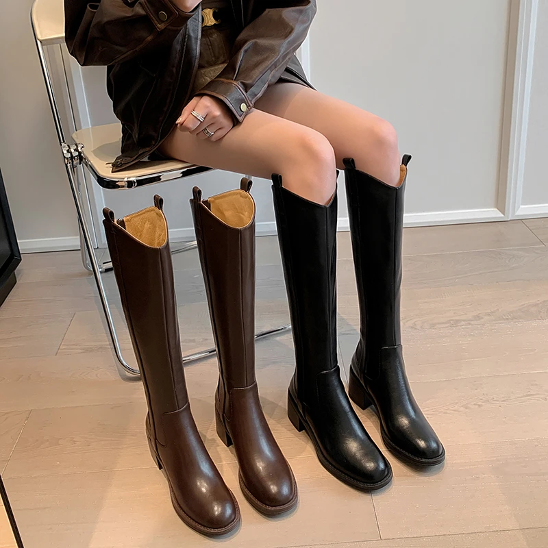 5.5CM，牛皮拉链小个子过膝靴秋冬加绒瘦瘦靴英英伦粗跟真皮长筒靴