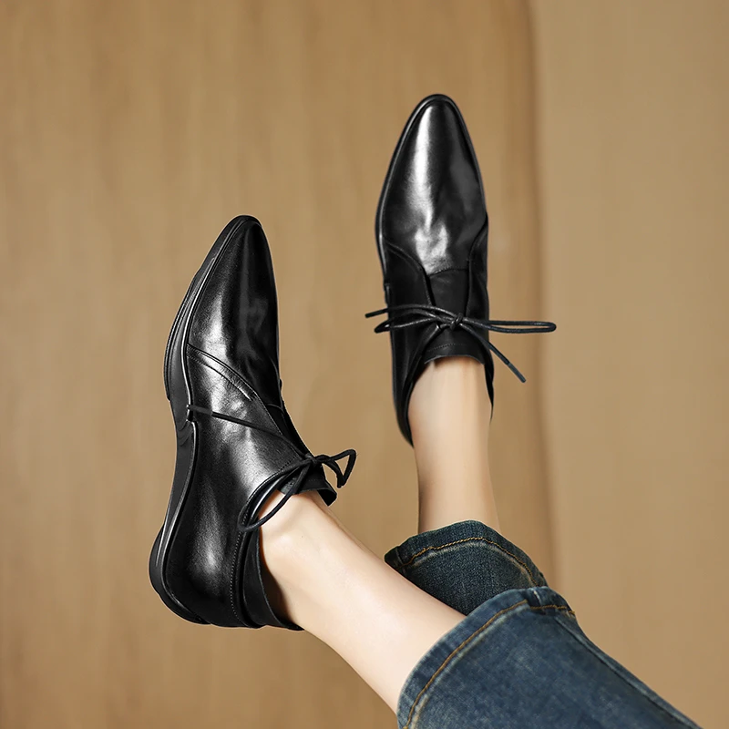 4.5CM真皮系带马丁靴女低跟复古裸靴平底短筒靴10复古系带马丁靴