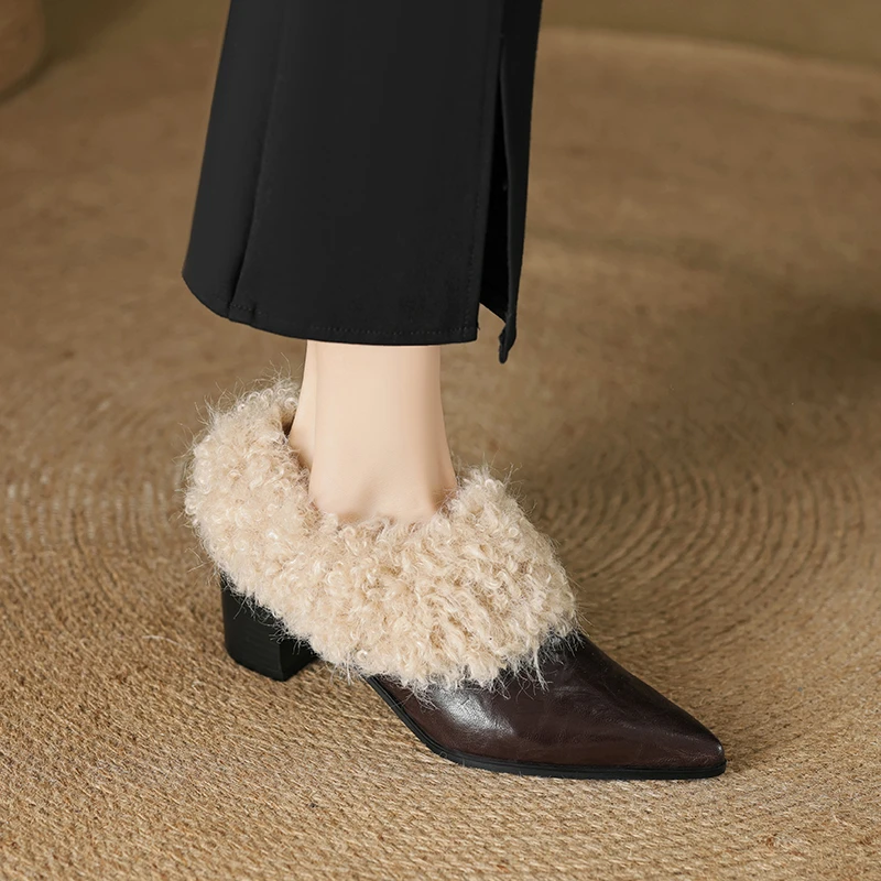 3CM/6CM，头层羊皮新款加绒穆勒鞋秋冬粗跟真皮女单鞋优雅粗跟真皮