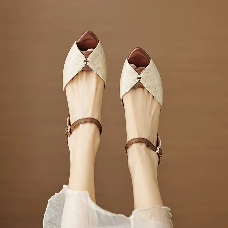 手工自制女鞋~夏季新款粗跟鱼嘴一字带羊女士方头扭结一字带草编