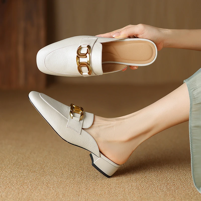 3CM，羊皮法式夏季包头女凉鞋软底方头马衔扣穆勒鞋时尚真皮半拖鞋