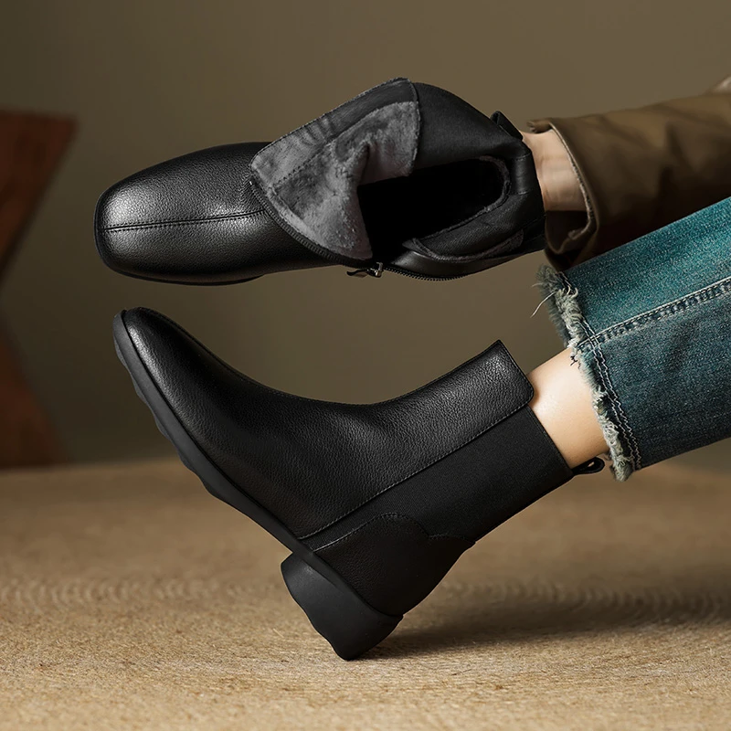 4CM羊皮短靴女秋冬季加绒真皮靴子方头瘦瘦靴切加加绒真皮时装靴