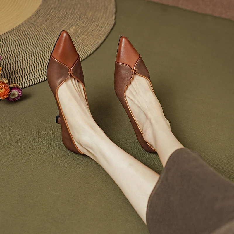 5CM，牛皮细跟高跟鞋拼色尖头浅口通勤休闲鞋通勤尖头浅口细跟皮鞋