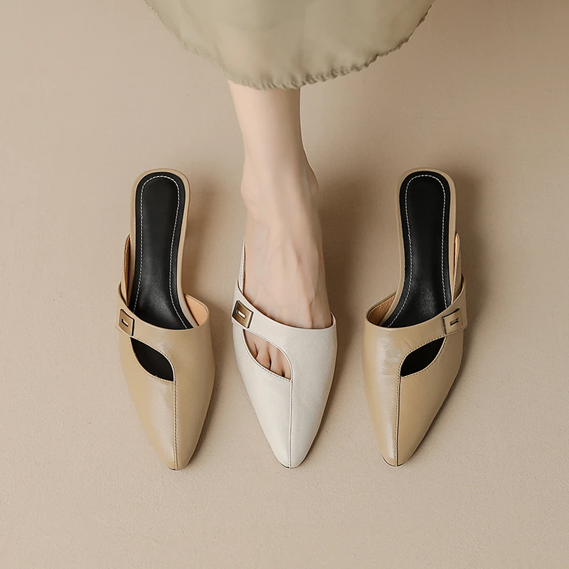 牛皮外穿夏季包头拖韩版中跟女凉鞋4CM，时尚穆勒鞋新款细跟半拖鞋