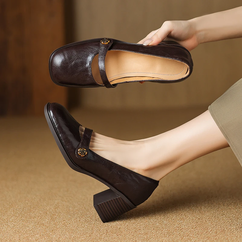 6.5CM，羊皮软底复古玛丽珍鞋粗跟英伦风法法式白色粗跟玛丽珍婚鞋