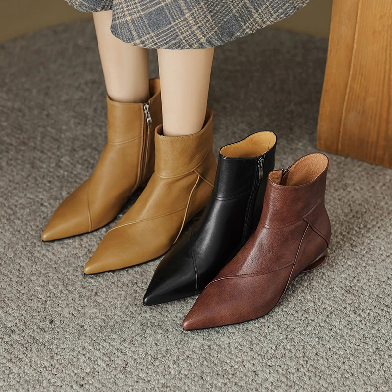 3CM，真皮尖头切尔西短靴复古低跟裸靴气质马女士真皮切尔西马丁靴