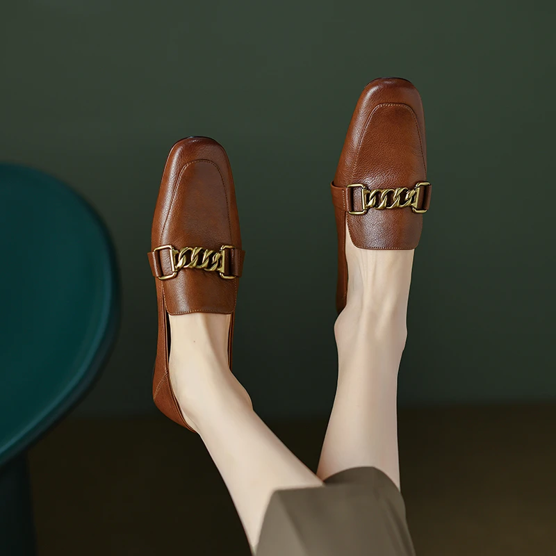 2CM,牛皮女单鞋真皮时尚复古百搭方头低跟外穿休闲鞋英伦风女鞋