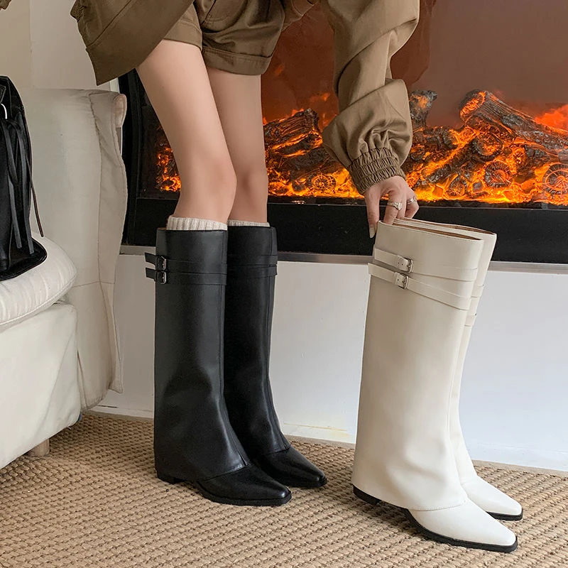 6.5CM，牛皮新款长靴粗跟高跟靴中筒过膝靴秋冬瘦瘦靴长筒骑士女靴