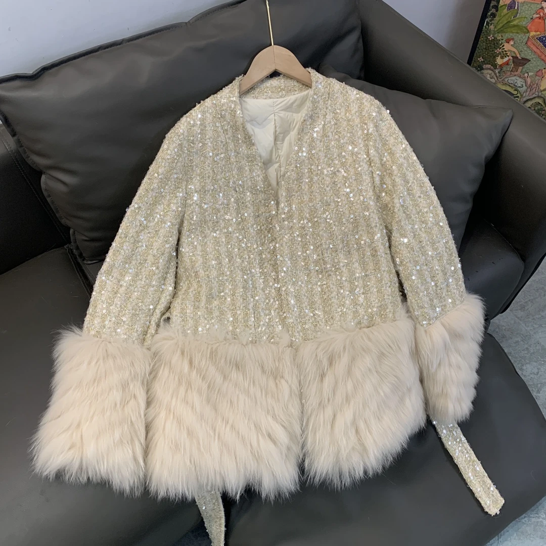 2023新款粗纺小香风名媛风狐狸毛外套鹅绒棉服羽绒内胆中长款